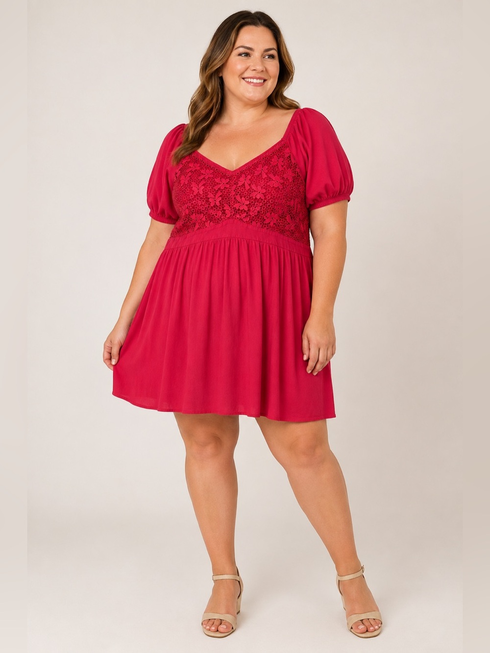 Torrid Size 4 Pink Lace Babydoll Dress Puff Sleeve Rayon Stretch Plus Size